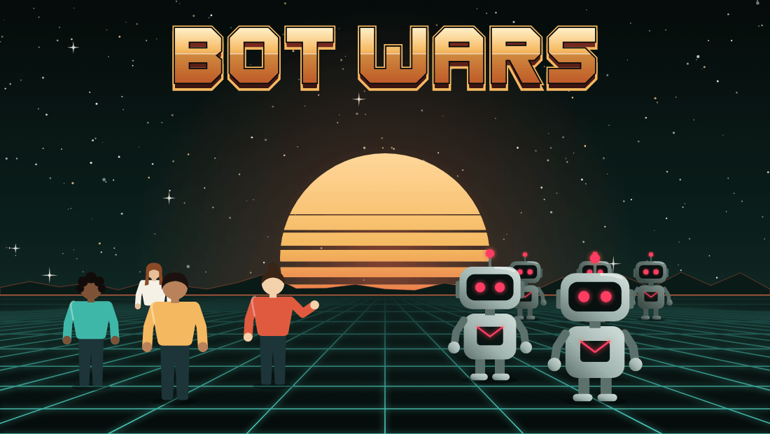 A row of people and a rank of robots face each other across a glowing floor grid under a striped sunset sun, with the words Bot Wars above them