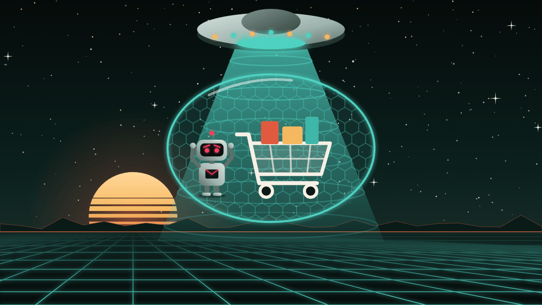 A beam from a hovering ship lifts a robot and its shopping cart into a round, honeycomb-patterned bubble