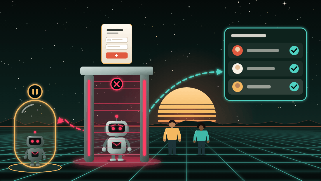 A sign-up form above a red-lit gate that stops a robot, a second robot paused in a glass pod, and two people let through to a row of profiles with check marks