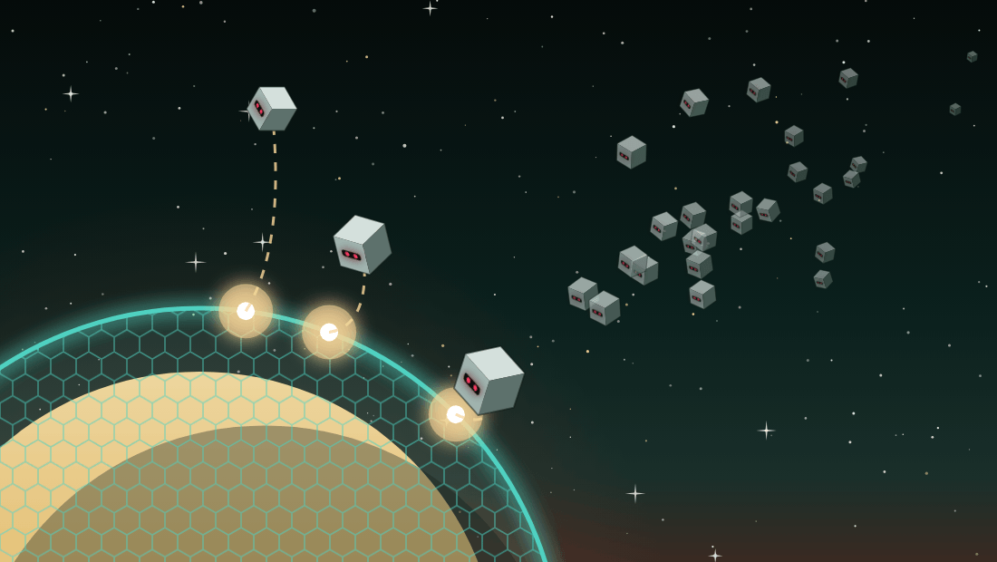 A fleet of cube-shaped robots bouncing off a shield over the store’s world