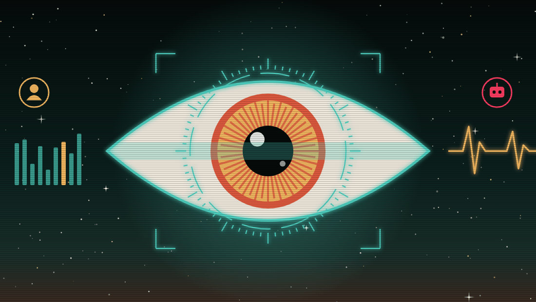 An eye under a scanner reticle, with readouts beside it and two signs, one for a person and one for a robot
