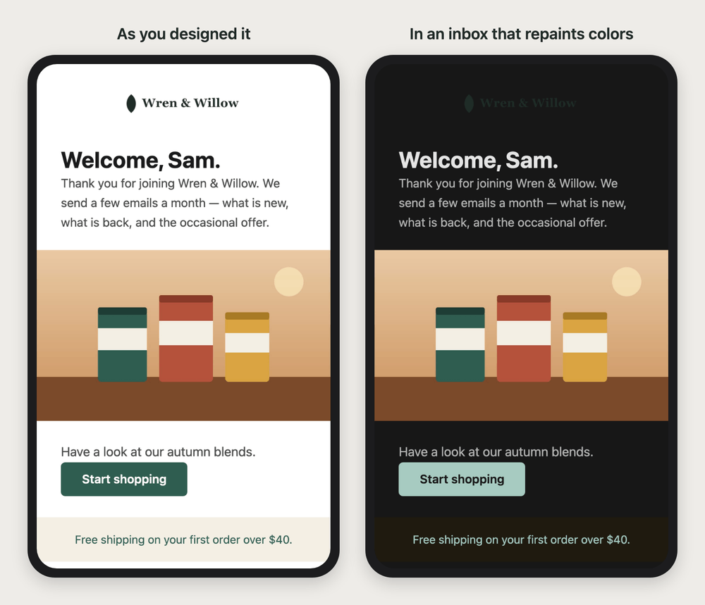 Two mobile screens side by side. On the left, a welcome email from a sample store called Wren & Willow: a dark green logo on white, a heading, an image of three tins, a dark green Start shopping button and a cream band saying Free shipping on your first order over $40. On the right, the same email with its colors repainted dark: the page is near black, the words are light, the button is pale mint, the band is a muddy brown, and the dark logo has all but vanished into the background.